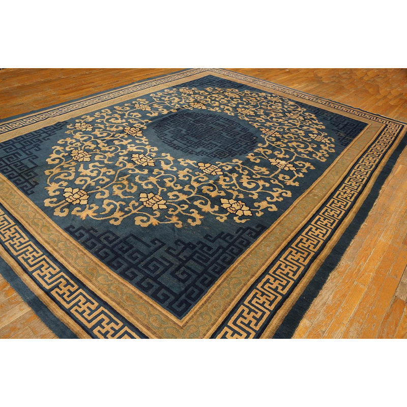 1900s Blue Medallion Antique Chinese Peking Rug 9'x11' 4'' Handwoven Wool Carpet