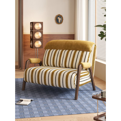 Adjustable Reclining Accent Chair with Solid Wood Armrests, 5-Position Convertible Armchair with Removable Washable Cover, Cotton Linen & Chenille Striped Foldable Lounge Chair for Living Room, Bedroom, Small Spaces