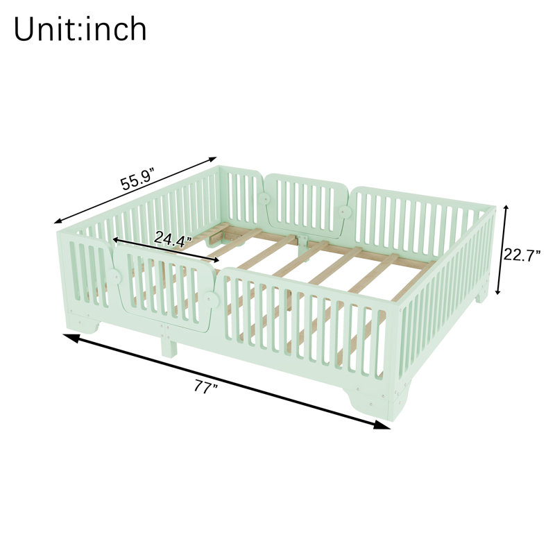 Full Montessori Floor Bed with Door & Rails, Low-Profile Kids Floor Bed with Slats, No Box Spring Needed,Mint Green, Full