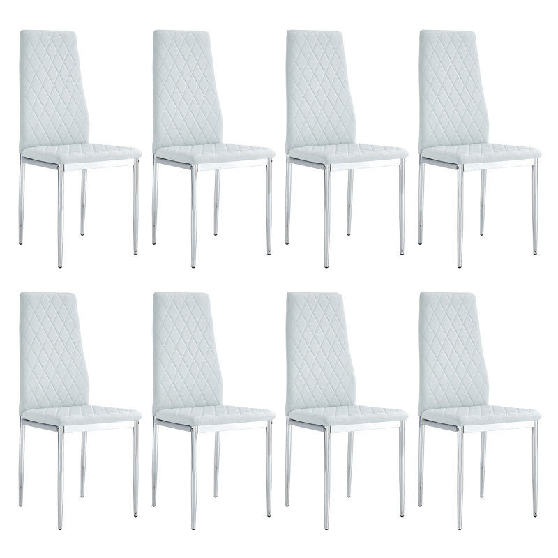 Aniesha Modern Faux Leather Dining Chairs Set of 8, Diamond Quilted High Back Side Chairs with Slim Chrome Metal Legs, Gray