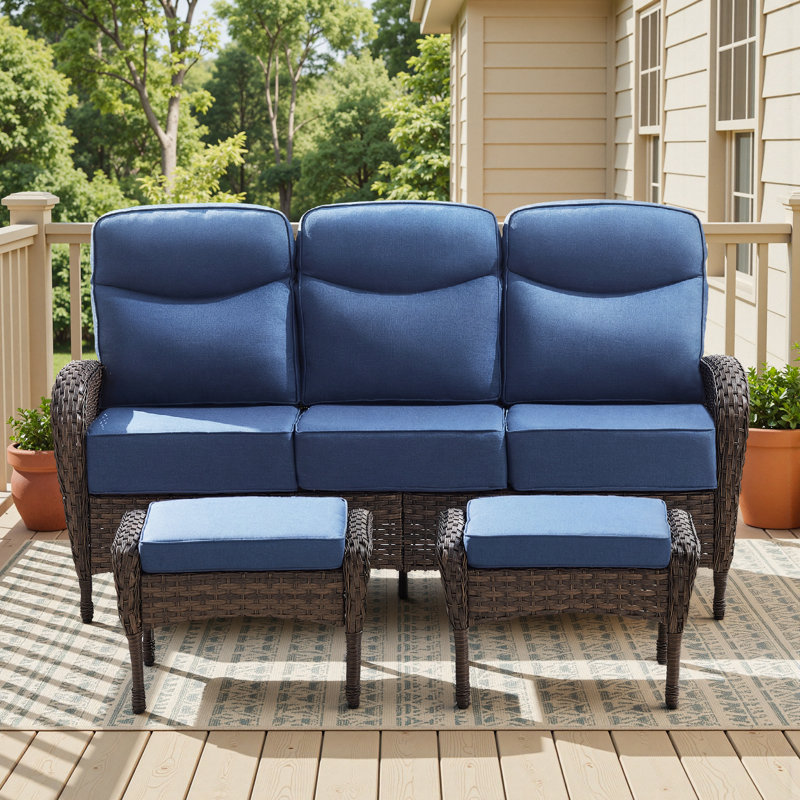 Alakai 3-Piece Outdoor Wicker Crescent Backrest Sofa Set With Ottomans, Blue