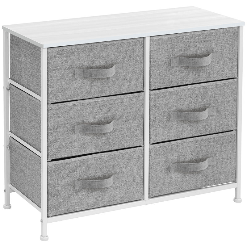  Sorbus 6 Drawers Dresser with Steel Frame, Wood Top, Fabric Bins, White