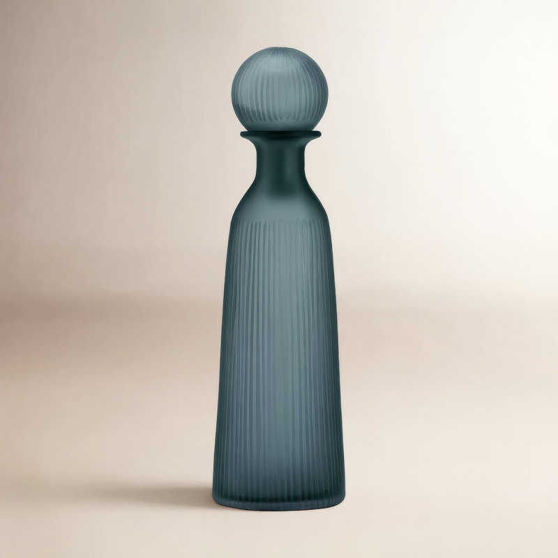 Modern Ribbed Textured Glass Vase with Lid for Home Decor - Elongated Silhouette Tall Flower Vase Design Accent for Living Room Table Display - Green