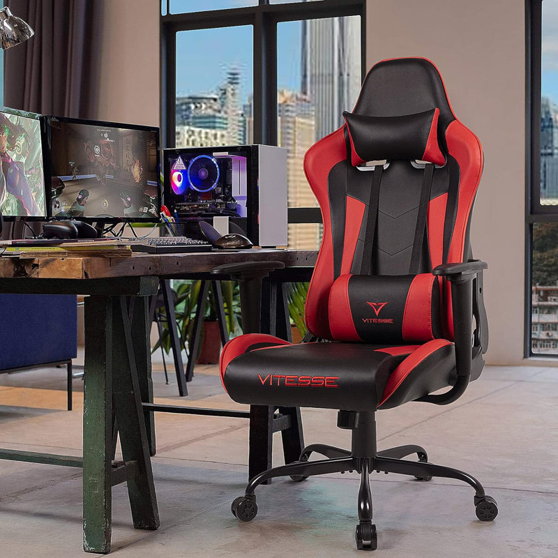 Fauteuil de jeu ergonomique pour ordinateur avec support et appui-tête de 330 lb, Rouge, H 49,7 po x l 22,2 po x P 21 po