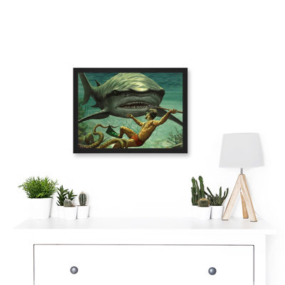 Shark Attack Octopus Diver Spear Adventure Underwater - Single Picture Frame Painting