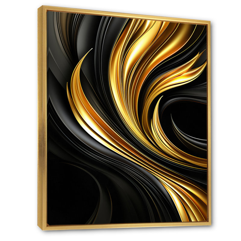 Abstrait or liquide et tourbillon noir - spirales abstraites, art mural, Cadre flottant doré, H 32 po x l 16 po x P 1 po