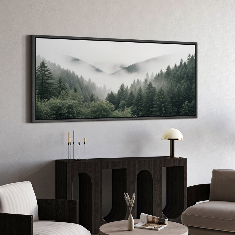 «Foggy Pine Valley», art mural encadré sur toile, H 30 po x l 60 po, Noir