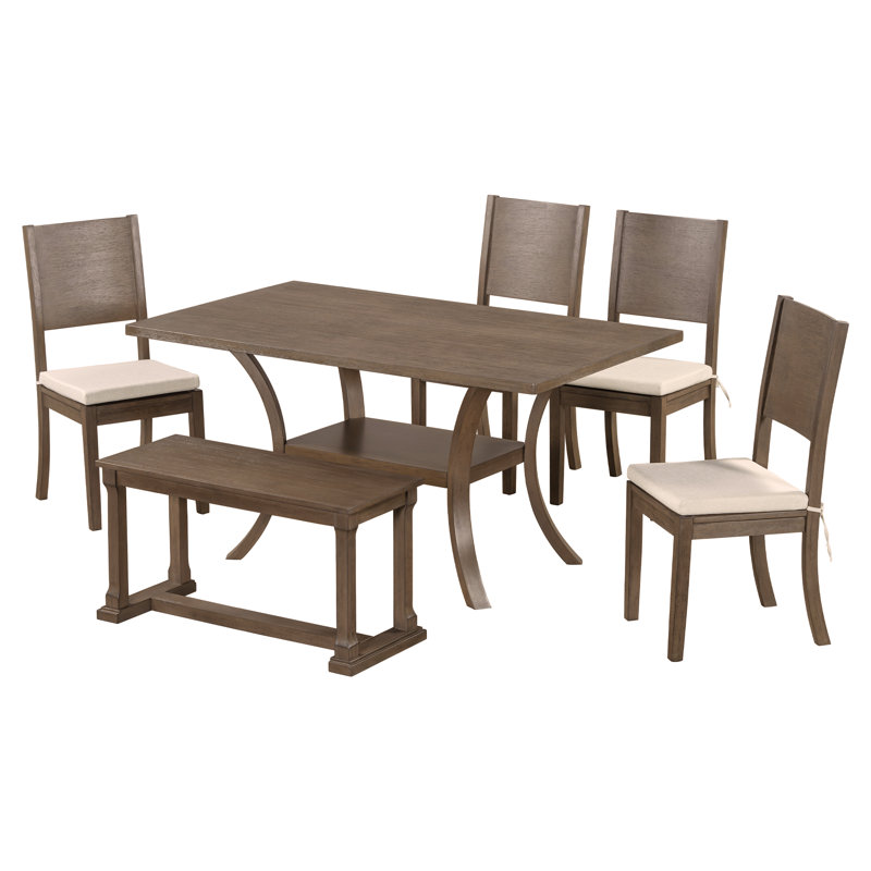 Ensemble de table de salle à manger 6 pièces en bois avec tablette de rangement et pieds courbés, ensemble de table de cuisine avec banc et 4 chaises