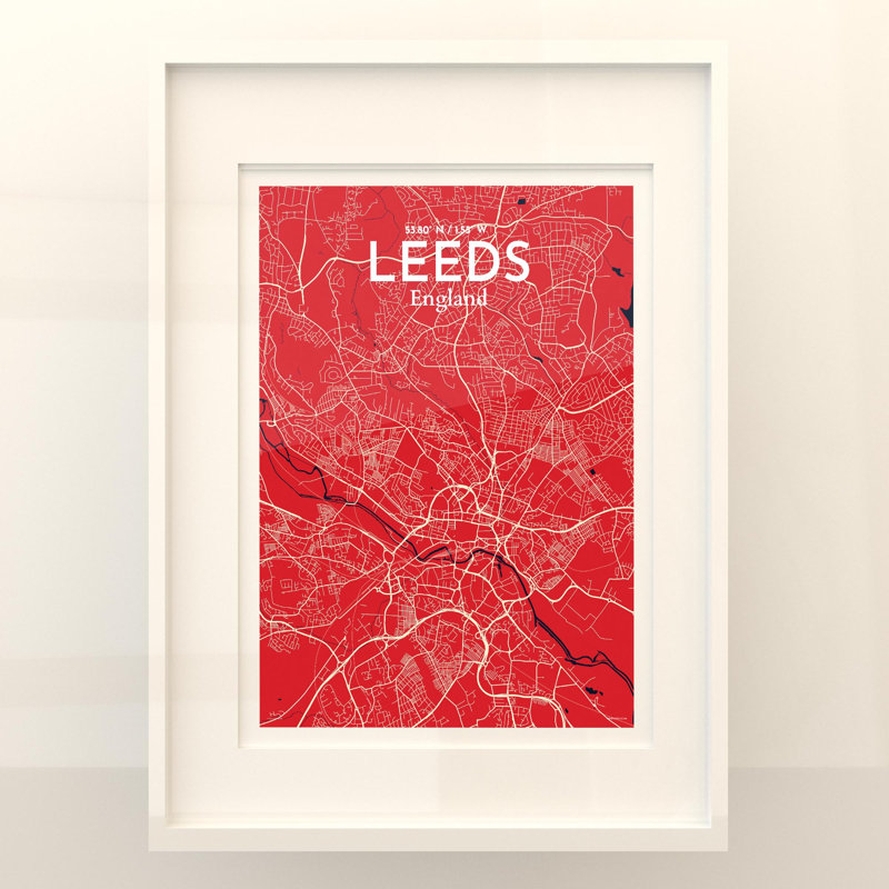 Carte de la ville de Leeds, impression, Rouge / bleu marine, H 24 po x l 18 po