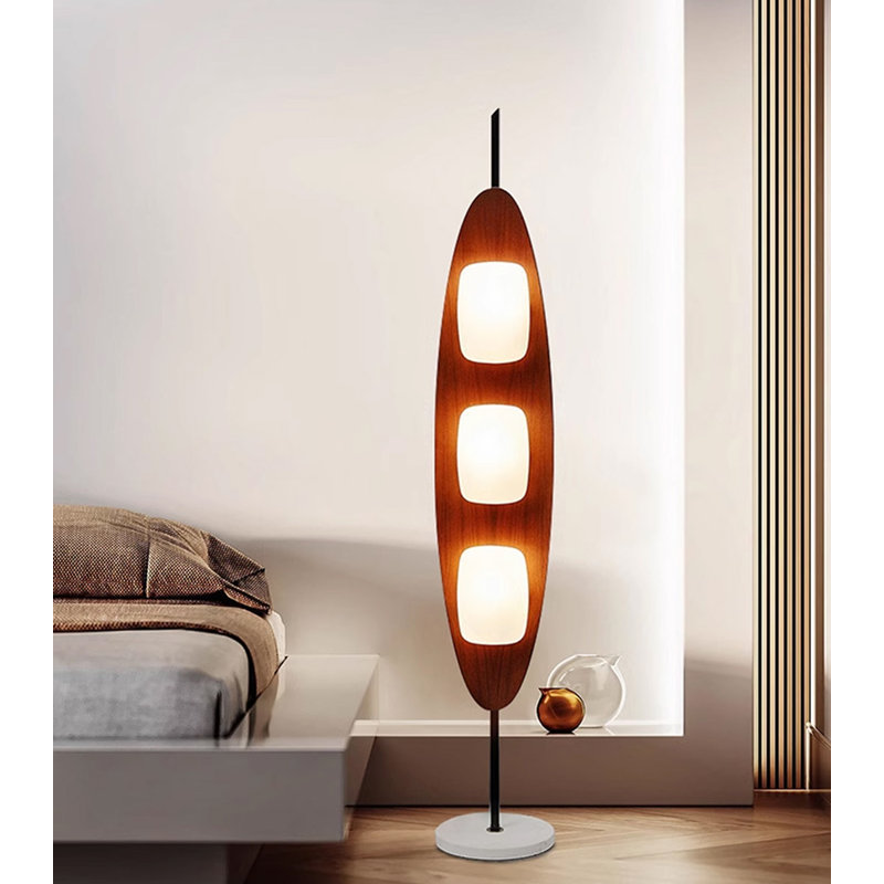 Vertical Oval Wood Panel Three Light Floor Light Fixture