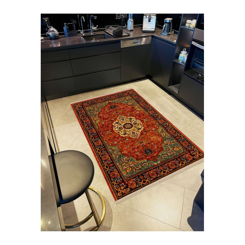 Tapis tissé à la machine à motif orange traditionnel lavable à la machine, Rectangle 2 pi 4 po x 3 pi 11 po