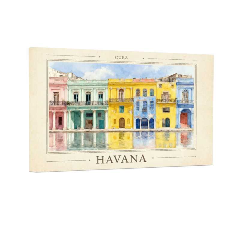 Paysages pittoresques et urbains, La Havane, bâtiments colorés, reflets sur l'eau, H 12 po x l 18 po