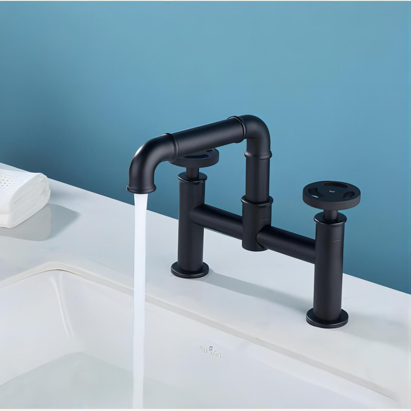Deck Mounted Dual Handle Bridge Bathroom Faucet, Matte Black