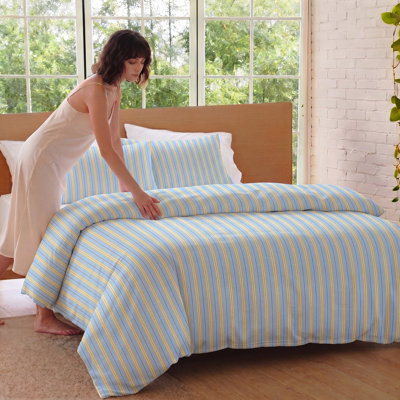 Blue Yellow Striped Duvet Cover Set Queen Size, 100% Washed Cotton Duvet Cover Linen-Like, Blue Yellow Stripe Bedding Set with Hidden Zipper and 8 Corner Ties, 3 Pieces Soft Breathable Preppy Bedding Set
