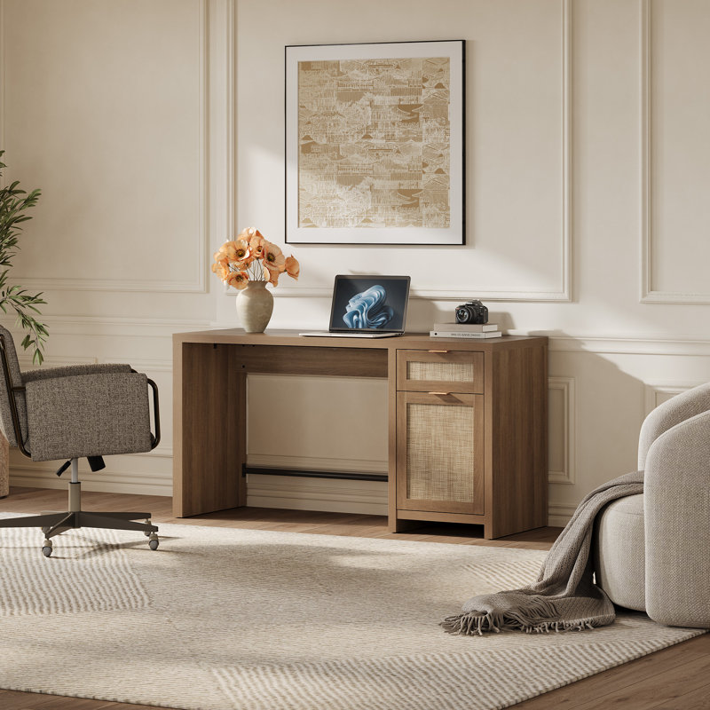 Boho Rattan Desk with Spacious Workspace and Hidden Storage, Caramel Oak