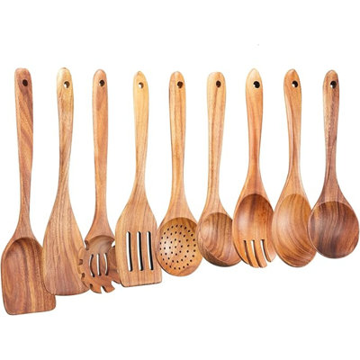 Ensemble d'ustensiles de cuisine en bois, 9 cuillères en bois de teck naturel pour poêle antiadhésive