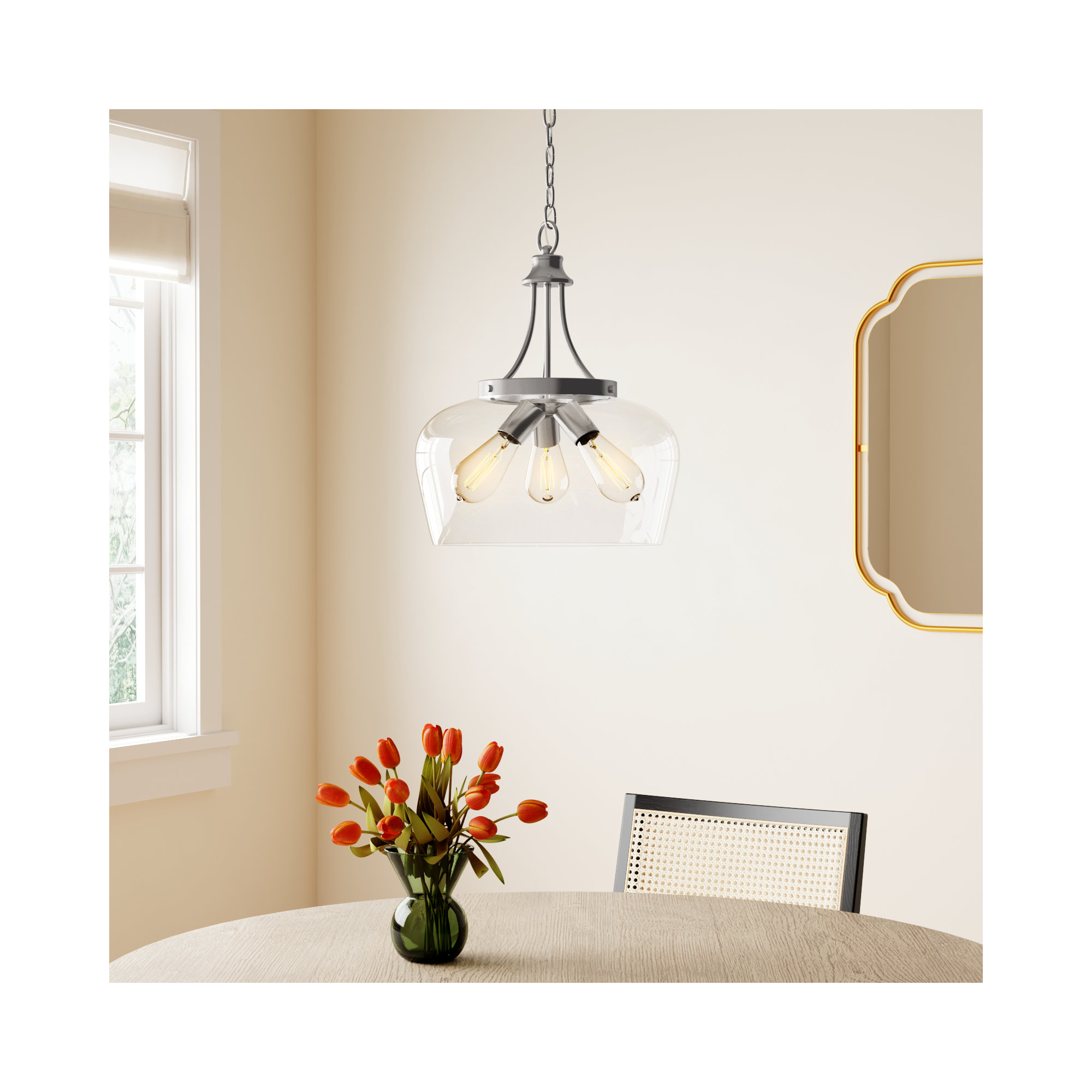 Breena 3 Light Glass Dimmable Pendant, Satin Nickel
