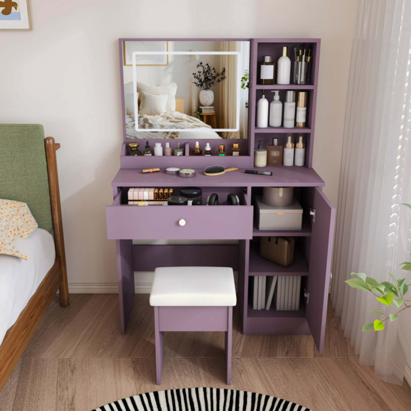 Ensemble de coiffeuse élégant avec tabouret rembourré et miroir lumineux à DEL réglable (3 modes de couleur), ensemble de coiffeuse de maquillage de chambre à coucher moderne