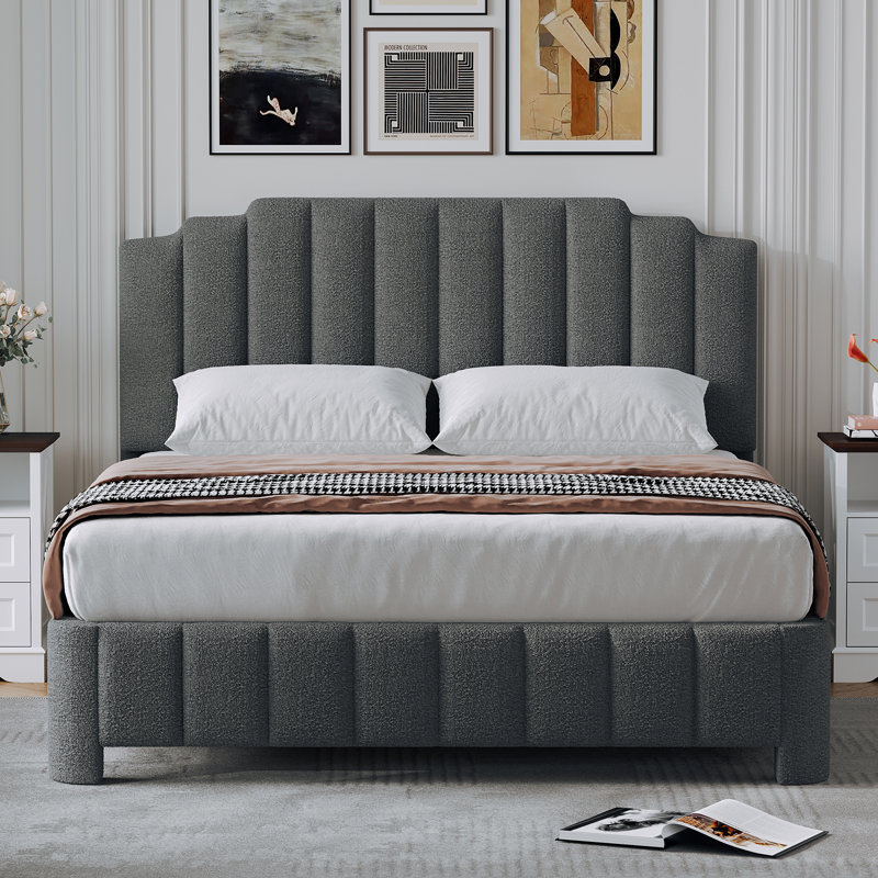 Structure de grand lit avec tête de lit réglable, lit plateforme tapissier Boucle, lit en bois massif pour la chambre à coucher, aucun sommier nécessaire