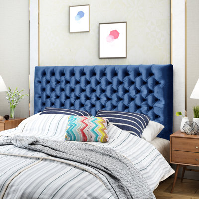 Tête de lit pour grand lit en velours bleu marine, tissu d'ameublement à point losangé, tête de lit ajustable de luxe contemporaine en velours, réglable pour le lit