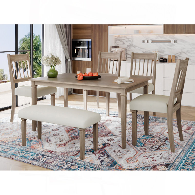 Ensemble de salle à manger 6 pièces avec table rectangulaire en bois, 4 chaises et un banc pour un assemblage classique et peu encombrant