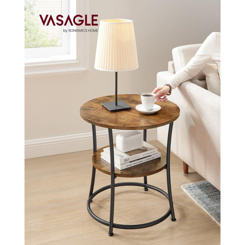Rustic Brown Round Wood and Metal Side Table with Shelves