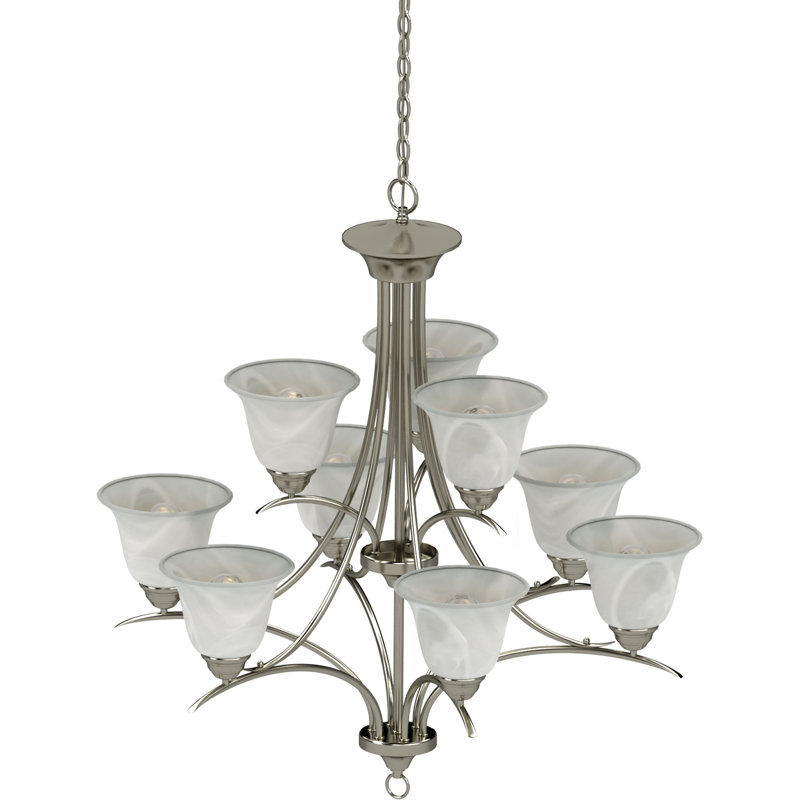 Whetsel 9-Light Indoor Brushed Nickel Classic/Traditional Tiered Chandelier with Alabaster Glass Bell Shades, Brushed Nickel