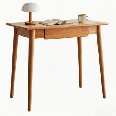 39.3" North American Fas Oak Desk, Scratch-resistant, Grey Fabric Upholstered Top With Large Drawer Storage & Rounded Corners