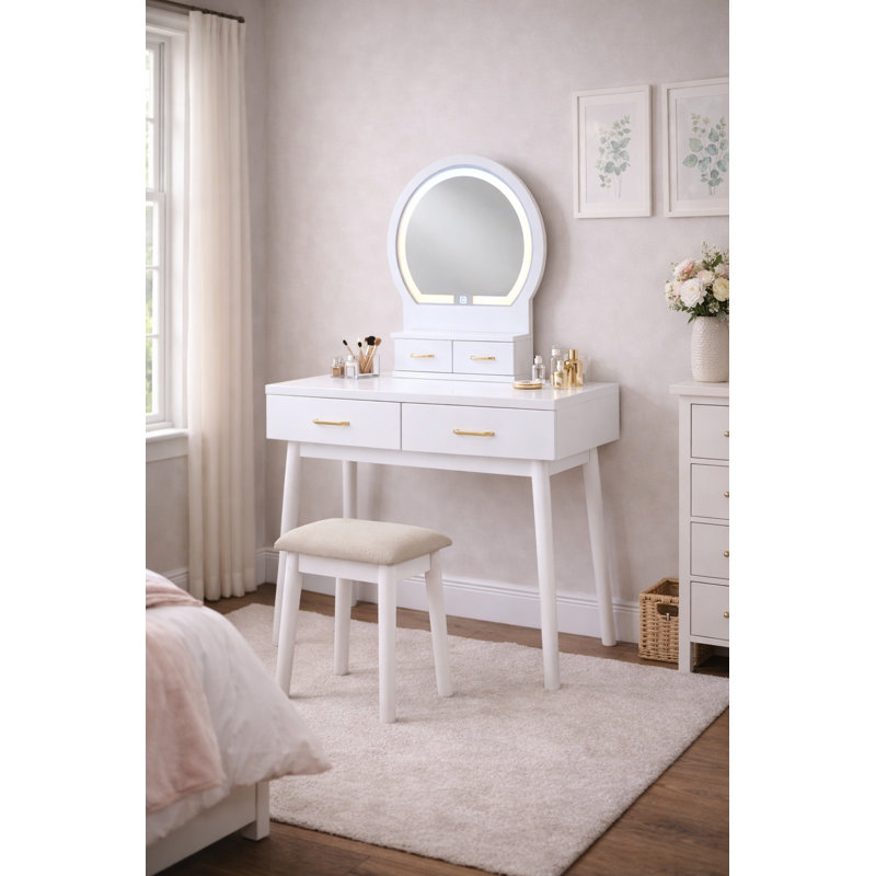 Makeup Vanity With Mirror And Stool, White