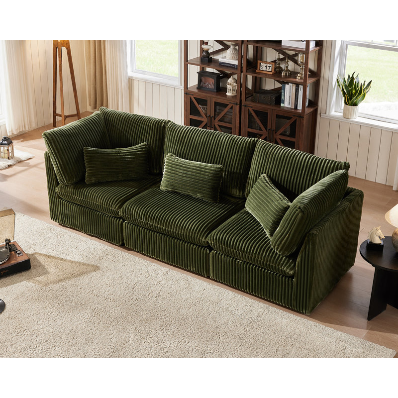 3 Seater Sofa Oversized Modular Sofa, Extra Deep Cloud Corduroy Sectional Couch with Ottoman Chaise, FSC Certified, Green