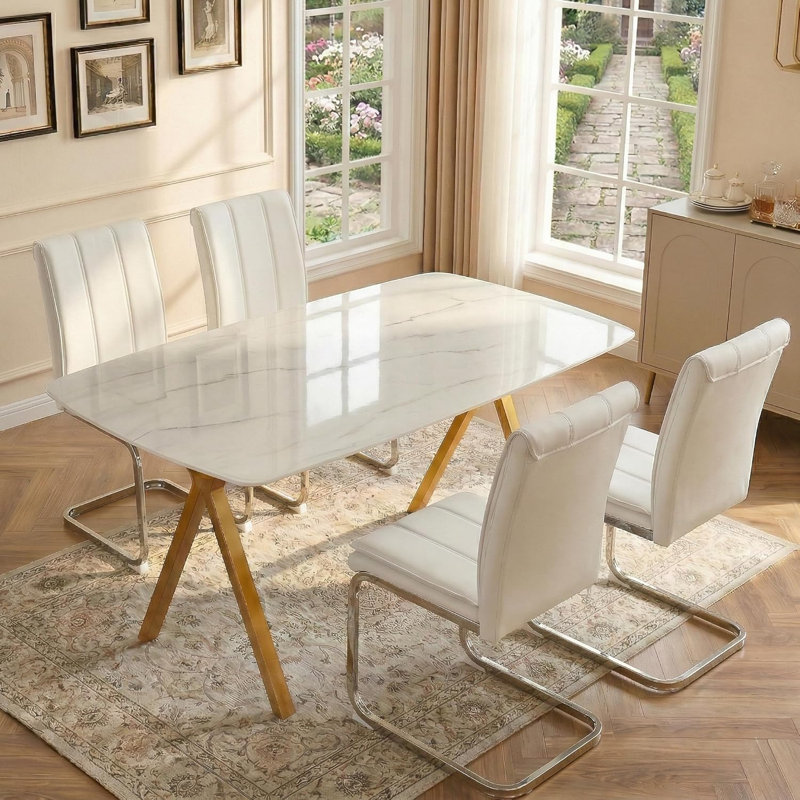 Ensemble de salle à manger 5 pièces, Chaises blanches / argentées, Table dorée
