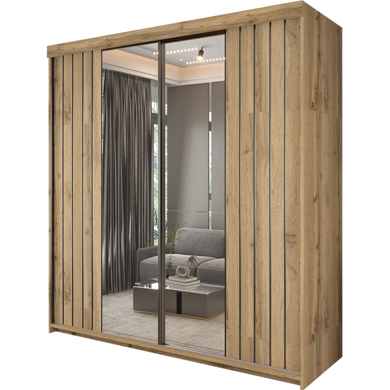 Modern Double Sliding Door Wardrobe in /Grey/Oak/White, 217cm H x 150cm W x 62cm D, Oak