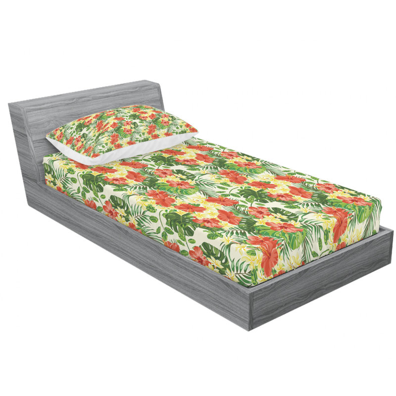 Microfiber Floral Sheet Set, Twin XL Sheet Set with Fitted Sheet, Exotic with Plumeria Hibiscus Floral