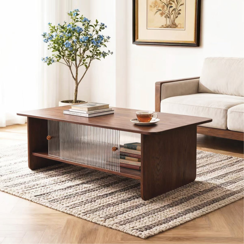 Table basse rectangulaire moderne et minimaliste de 47 pouces avec armoire de rangement avec portes coulissantes en verre, idéale pour les salons, les chambres à coucher et les bureaux, facile à assembler