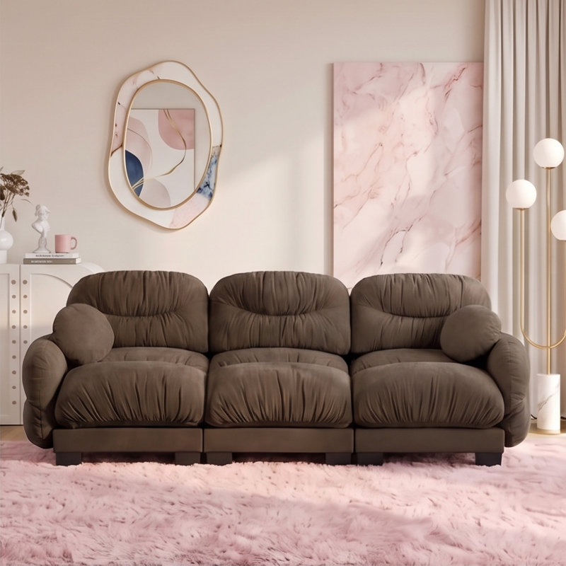 Canapé modulaire 3 places en chenille plissée avec siège ergonomique en mousse, accoudoirs incurvés et 2 coussins décoratifs