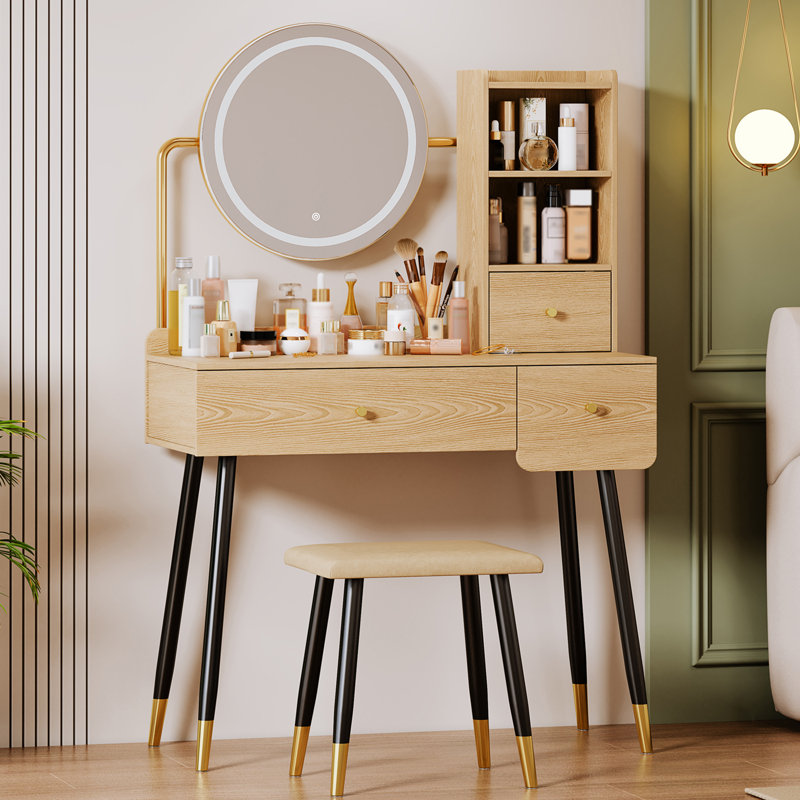 Vanity 35" W, Vanity Desk With Round Mirror And Lights, Vanity Makeup Table With Chair, With Open Compartment And 3 Drawers, 3 Lighting Modes Gift Vanity