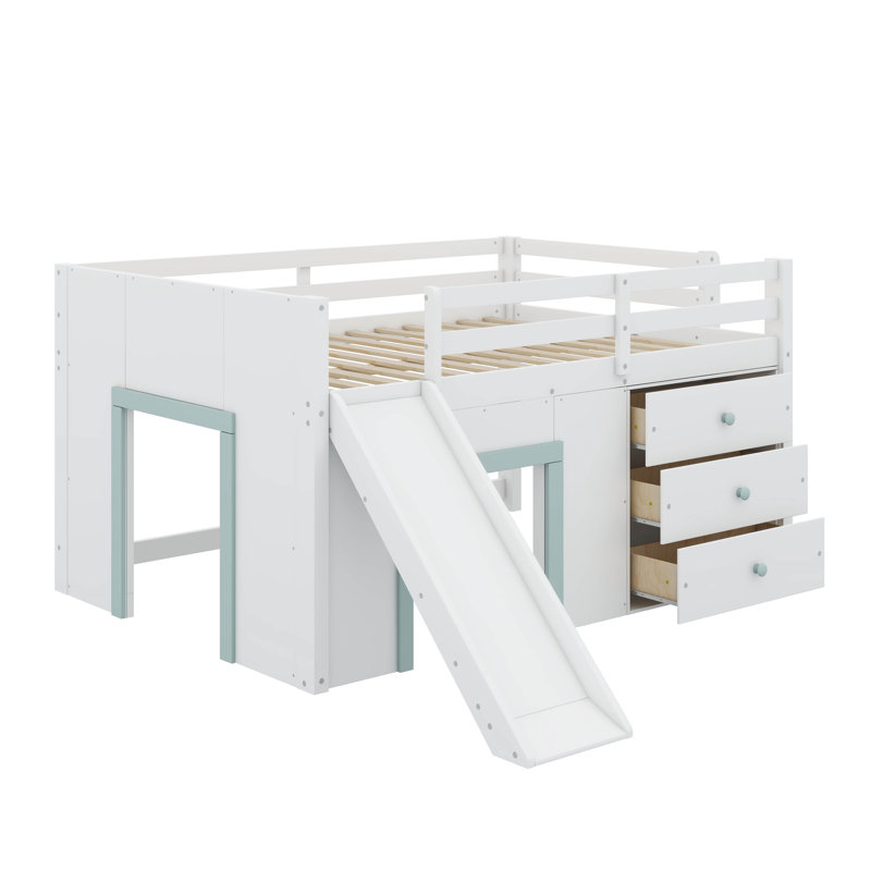 Lit mezzanine double pleine grandeur avec glissière, tiroirs de rangement et deux portes