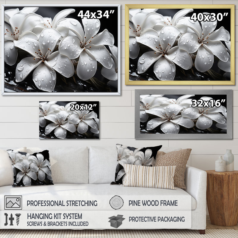 Plumeria Blooms in Stormy Greys - Décoration murale Plumeria, Toile tendue, H 16 po x l 32 po x P 1 po