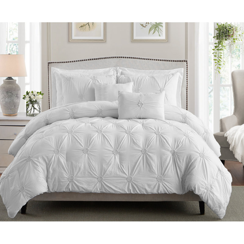 King White Floral Pintuck Down Alternative Comforter Set