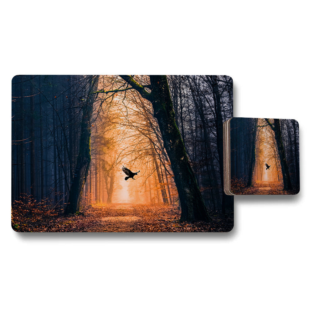 Autumn Forest Path Placemat And Coaster Set With Sunset Glow