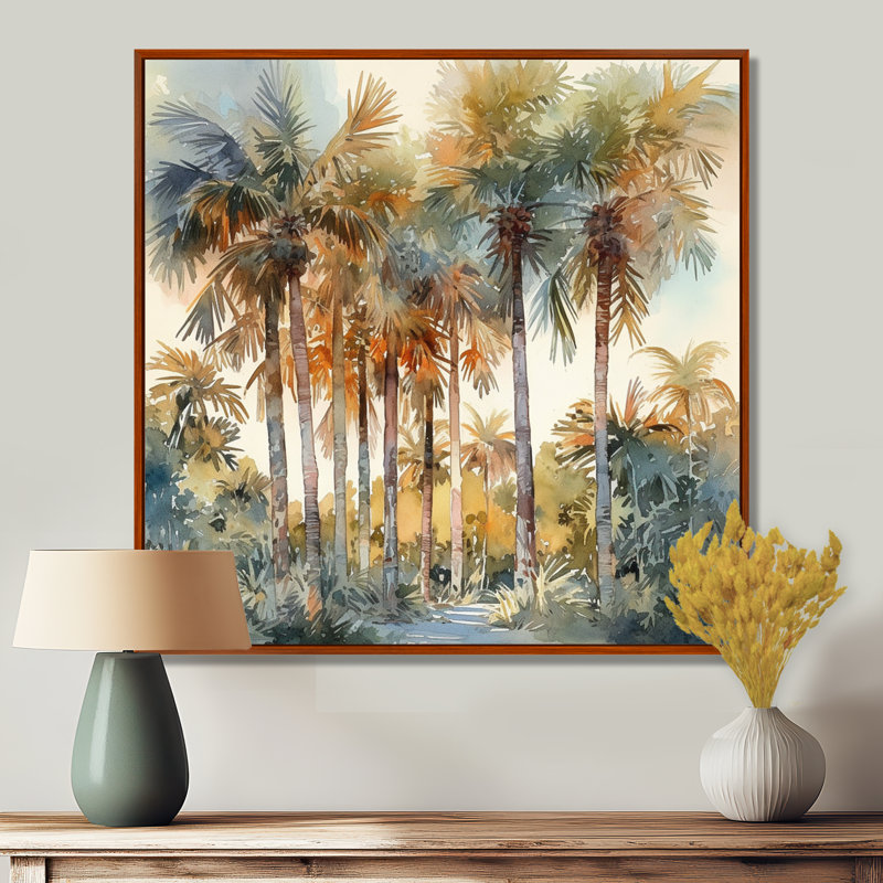 «Green Palm Tree Paradise III - Palm Trees», reproduction d'art sur toile, H 16 po x l 16 po x P 1 po, Cadre flottant brun