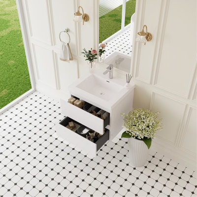 Meuble-lavabo flottant 24 po, lavabo à surface solide, charnières à fermeture en douceur, blanc brillant, qui conserve son intégrité au fil du temps