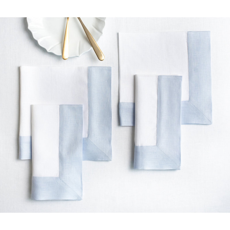 Contempo - 100% Pure Linen Dinner Napkins, Light Blue/White