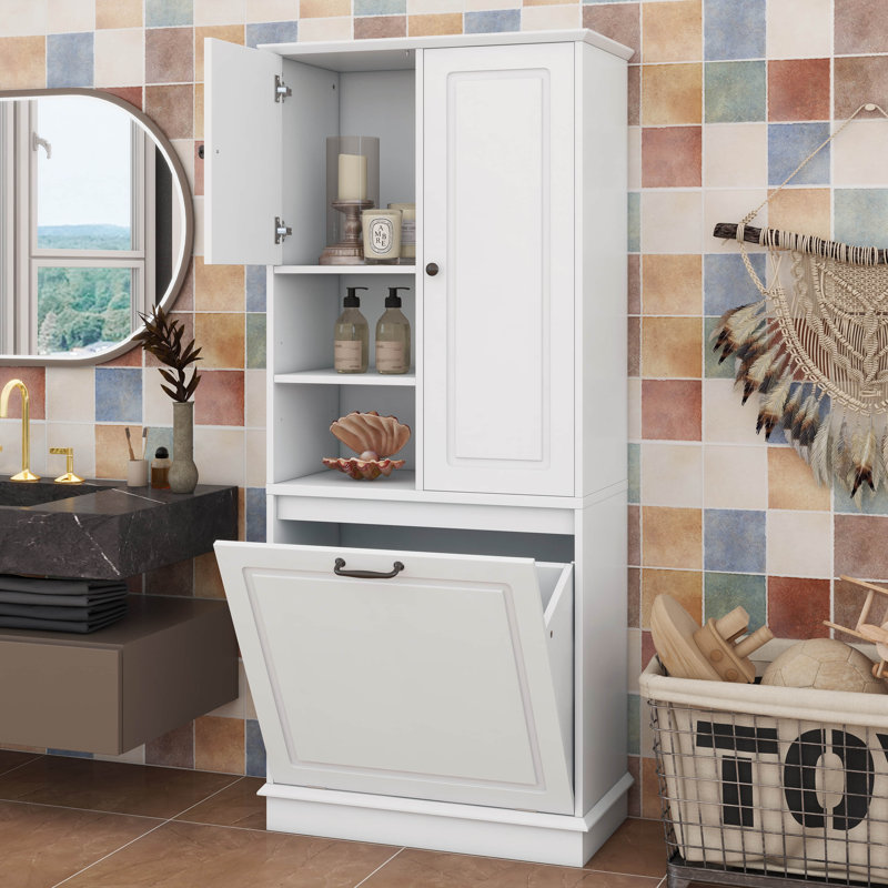 67.7" Tall Storage Cabinet With Flip-Out Basket, Adjustable Shelves & 2 Doors, Freestanding Floor Cabinet With Aluminum Alloy Handles