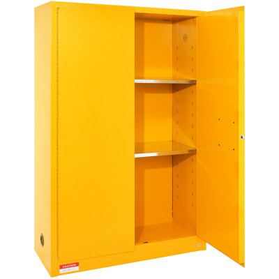 Armoire de rangement en acier inflammable 45 gal, 42,9 x 18,1 65,2 po, preuve, jaune, utilisation industrielle, 2 tablettes réglables, portes manuelles, ventilée, sécurisée avec système de rangement, de mise à la terre et 3 systèmes de verrouillage