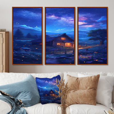 Maison de campagne sur la montagne nuit magique - ensemble de décoration murale campagne