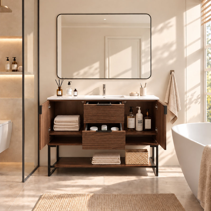 47.24'' Single Bathroom Vanities with White Stone Top, Brown Solid Wood, Fully Assembled
