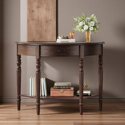 Table d'appoint en demi-lune avec tiroirs et tablettes, idéale pour les entrées, les salons, les couloirs et les foyers.