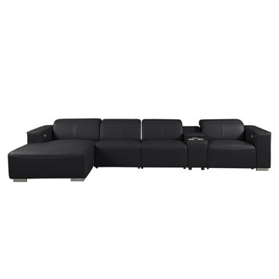 Black Left-Facing 5-Piece L-Shaped Sectional in Genuine Leather with 1 Power Recliner & Adjustable Headrests