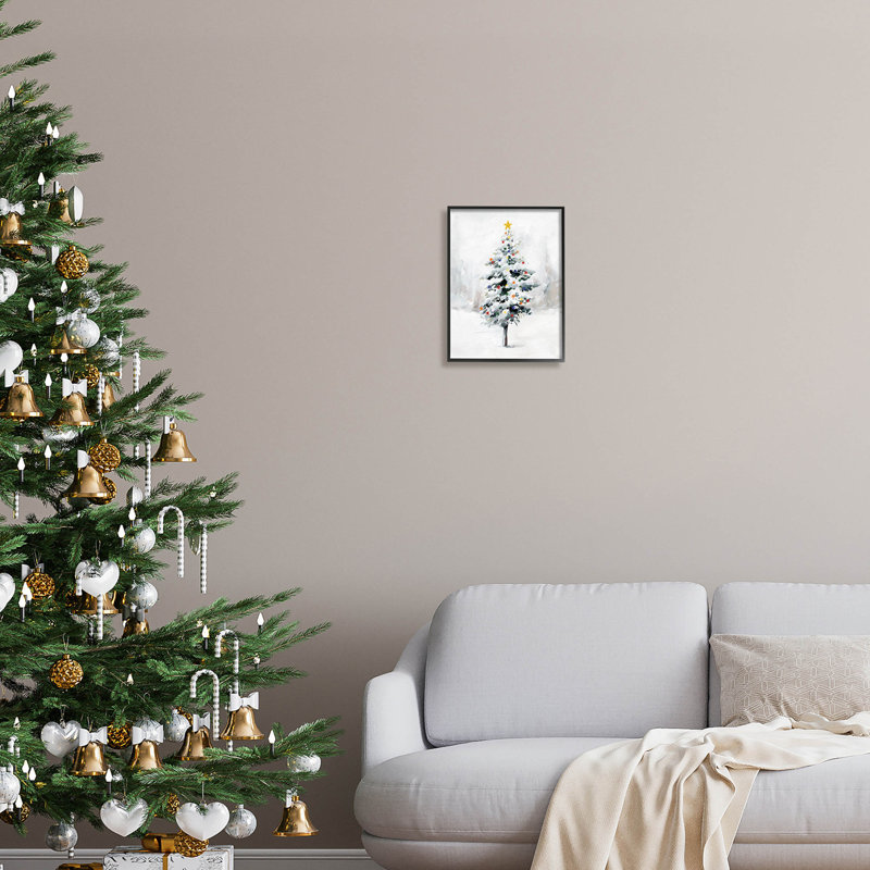 Arbre de Noël enneigé, paysage at-158, Giclée encadrée noir minuit, H 14 po x l 11 po x P 1,5 po